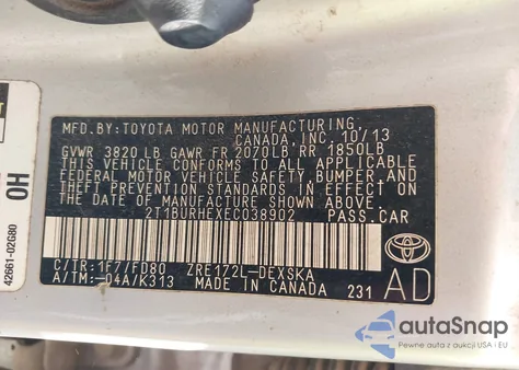 2014 Toyota Corolla S Plus из США, поврежденный, VIN 2T1BURHEXEC038902